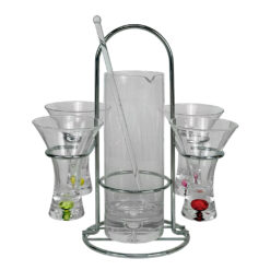 Mid-Century Chrome & Blown Glass Shot Glasses & Mixer Bar Serving Set