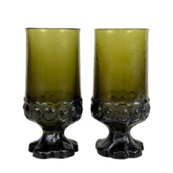 Vintage Gothic Brutalist Olive Green Glass Goblet Drinking Glasses - A Pair