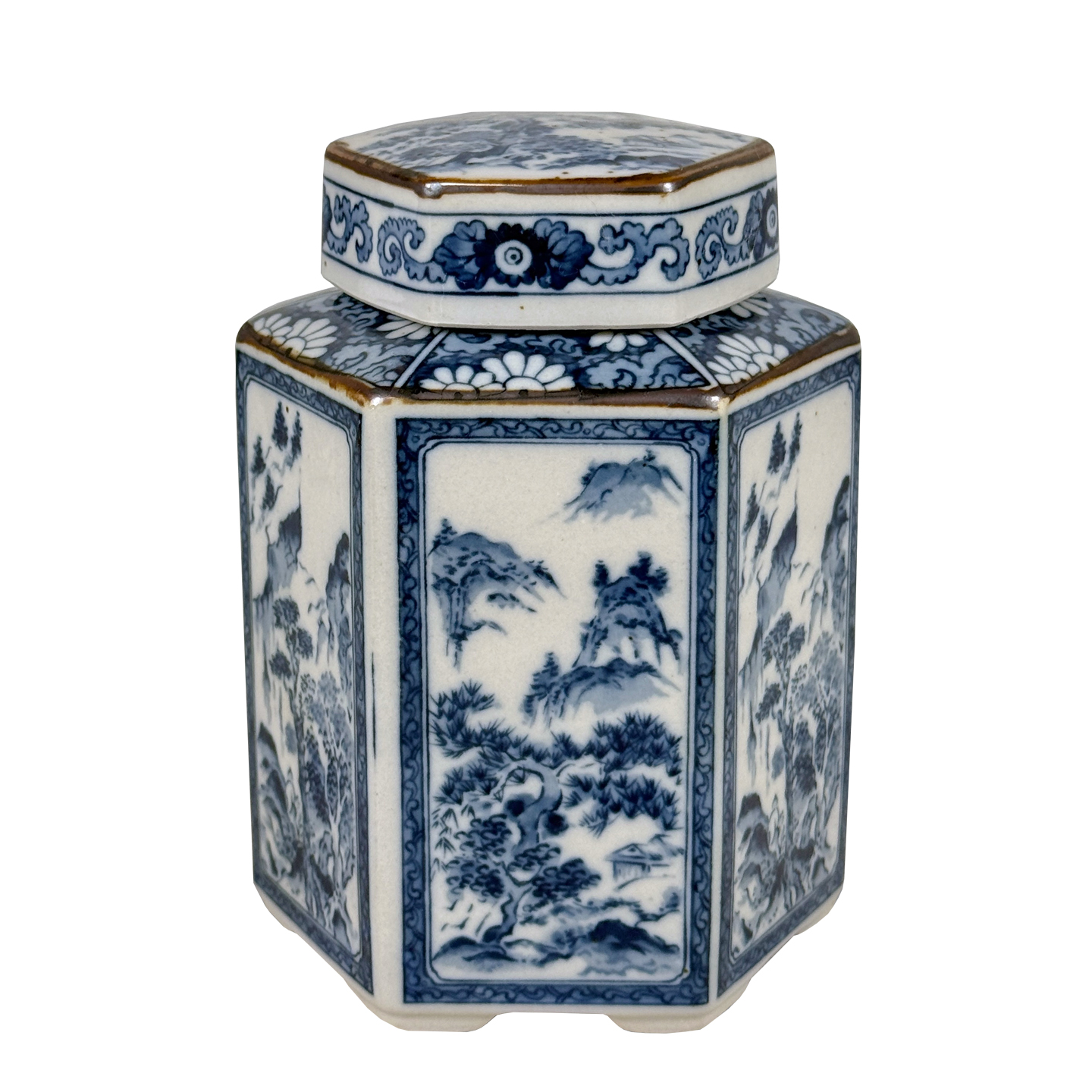 Vintage Chinoiserie Blue & White Porcelain Hexagonal Ginger Jar w/ Lid