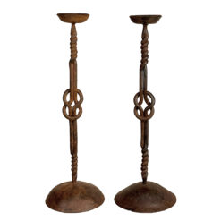 Antique Arts & Crafts Wrought Iron Forged Mantle Candlestick Holders - A Pair