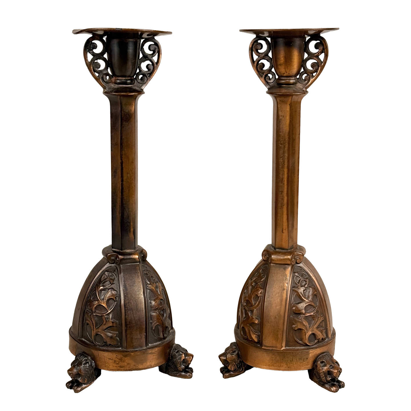 Vintage Arts & Crafts Copper Lion Foot Mantle Candlestick Holders – A Pair