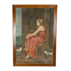 Antique 19thc Realism "Women in Pink Dress w/ Forest Doves" Oil on Canvas Painting - 60x43