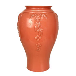 Vintage Art Nouveau Floral Vine Embossed Rose Pink Glass Vase - 16"