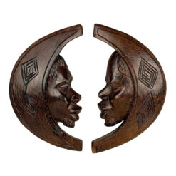Vintage African Tribal Carved Crescent Moon Man Wall Sculptures - A Pair