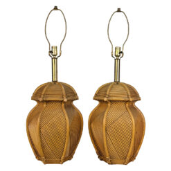 Vintage Coastal Chinoiserie Faux Rattan Pagoda Table Lamps - A Pair