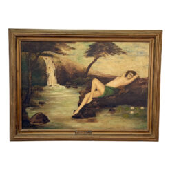 Antique Art Nouveau Nude Women "Water Flower" Signed Oil on Canvas Painting
