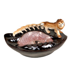 Mid-Century Atomic Drip Glazed Ceramic Lion & Cubs Ashtray