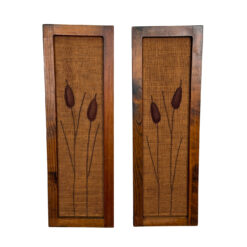 Mid-Century Embroidered Burlap Cattail Framed Wall Art - A Pair