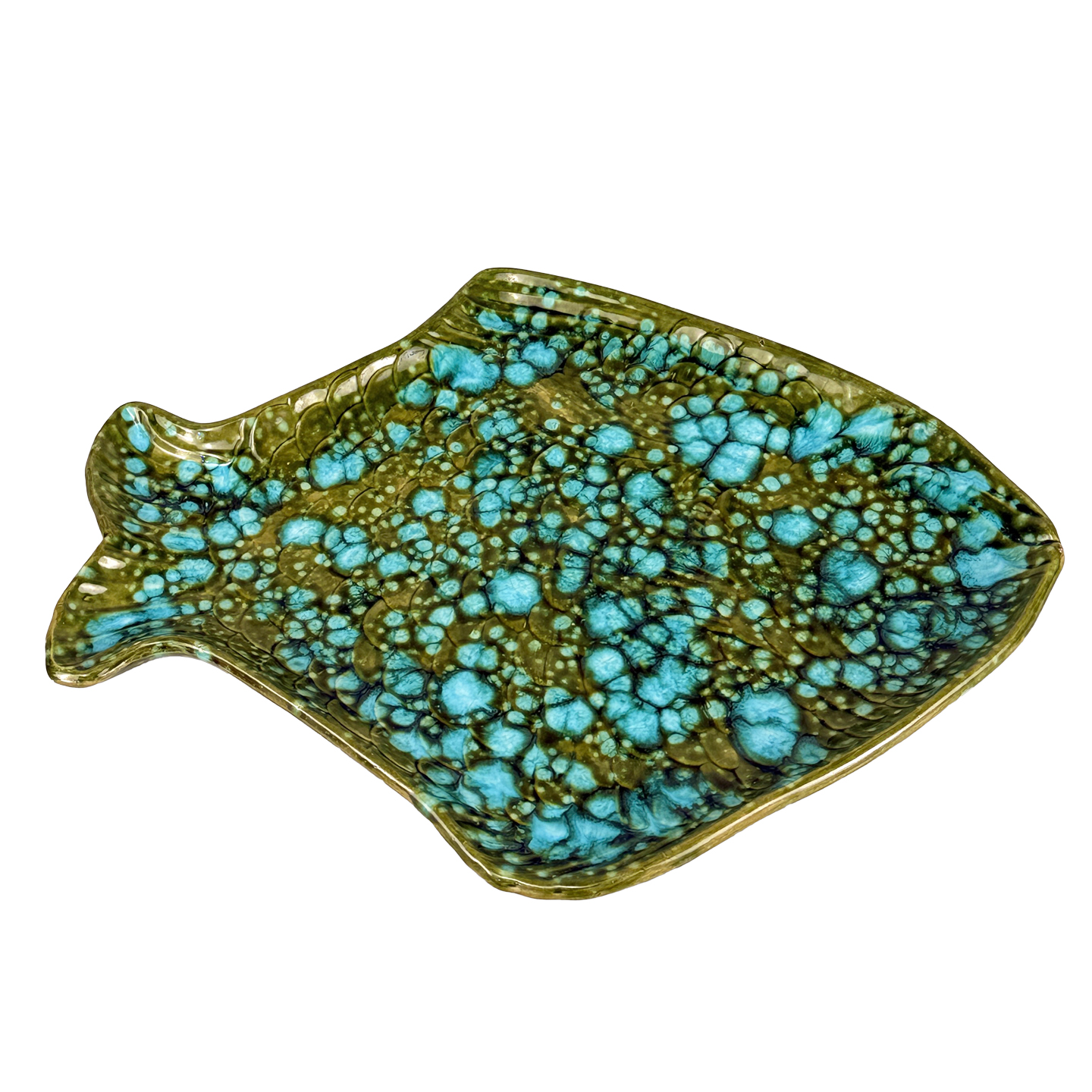 Mid-Century 17″ California Pottery Green & Blue Drip Glazed Fish Serving Platter