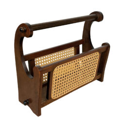 Vintage 1970s Coastal Wicker & Wood Vinyl Record Caddy Magazine Rack