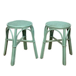 Vintage Coastal Rattan Turquoise Round Wicker Stools - A Pair