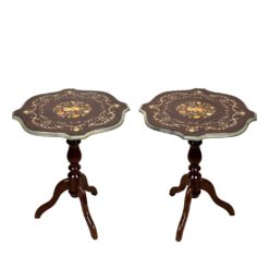 Vintage Italian Rococo Floral Marquetry Fruitwood Turtle Top Side Tables - A Pair