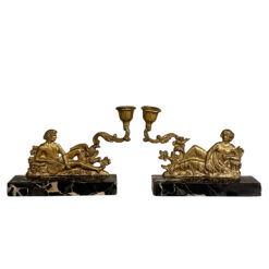 Vintage French Neoclassical Brass & Marble Figural Mantle Candlestick Holder - A Pair
