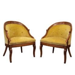 Vintage Neoclassical Gold Stripped Mahogany Barrel Club Chairs - A Pair