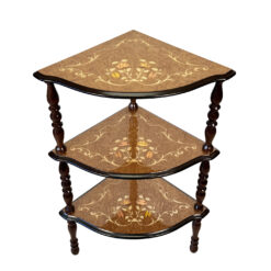 Vintage Italian Rococo Marquetry Fruitwood 3-Tier Corner Shelf