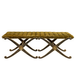 Vintage French Regency Double X Gilded Green Velvet Tuft Window Bench