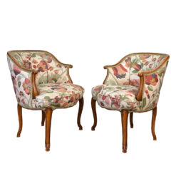 Vintage French Bergere Walnut Floral Upholstered Club Arm Chairs - A Pair