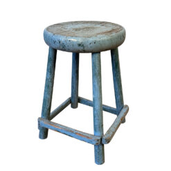 Antique Primitive Farmhouse Blue Wood Round Milking Stool
