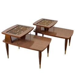 Mid-Century Laminated Walnut Mosaic 2-Tier End Tables - A Pair