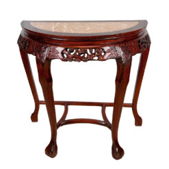 Vintage Chinese Marble Hardwood Carved Demilune Half Moon Console Table