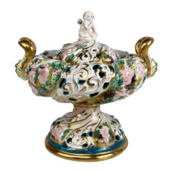 Vintage Italian Capodimonte Porcelain Cherub Double Handle Pedestal Bowl w/ Lid