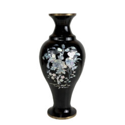 Vintage 14" Chinese Brass & Black Enamel Mother of Pearl Inlaid Vase