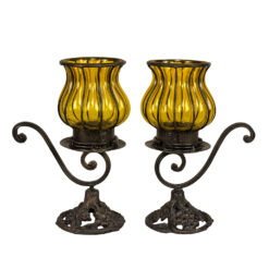 Vintage Gothic Revival Wrought Iron & Blown Caged Amber Glass Candle Holders - A Pair