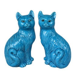 Vintage Chinese Turquoise Blue Glazed Ceramic Mantle Cat Sculpture - A Pair