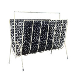 Mid-Century White & Black Wrought Iron Pierced Mesh Magazine Record Stand