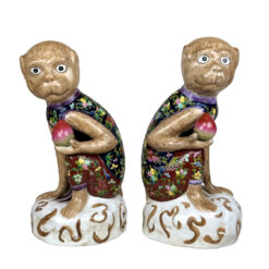 Vintage Chinese Chinoiserie Porcelain Monkey Holding Peach Sculpture - A Pair