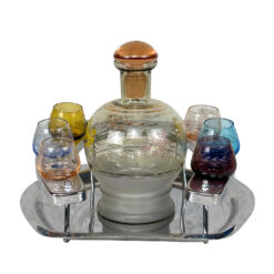 Mid-Century Glass Cherry Blossom Liquor Decanter Serving Set & Etched Shot Glasses Set