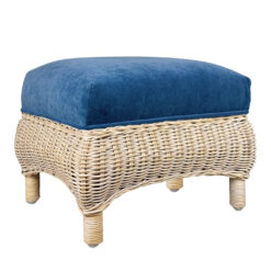 Vintage 70s Coastal Natural Wicker Blue Suede Footstool Ottoman
