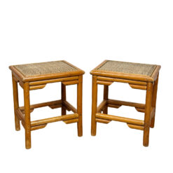 Vintage 1970s Coastal Rattan End Table Stands w/ Wicker Tops - A Pair