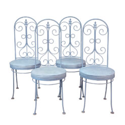 Vintage French Artistic Blue Wrought Iron Tall Back Garden Patio Chairs - Set of 4