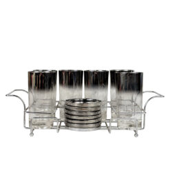Mid-Century Chrome Silver Fade Tall Liquor Glass & Coaster Bar Serving Set