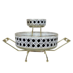 Mid-Century Black & White Rattan Motif Glass Chip & Dip Serving Bowl Set