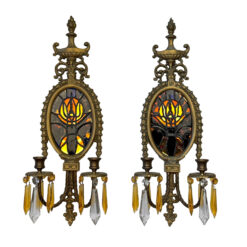Antique Empire Brass & Stained Glass Crystal Prism Candle Wall Sconces - A Pair