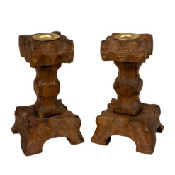 Vintage Brutalist Tiki Carved Wood Candlestick Holders - A Pair