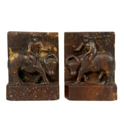 Antique Chinese Soapstone Monkey Riding Buffalo Library Bookends - A Pair